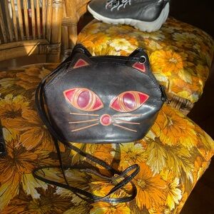 Vintage Black Cat Face leather Crossbody purse